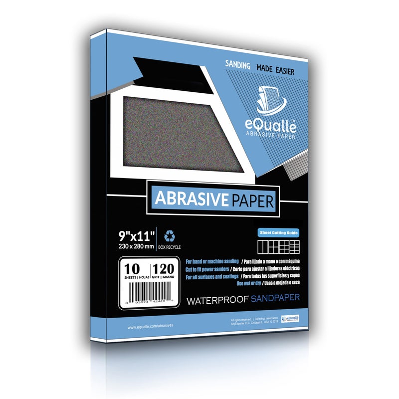 eQualle Sandpaper | 9"" x 11"" | Grit 120 | Coarse | 10 Sheets | Durable Abrasive | Wood Sanding | Auto Body Work - Image 1